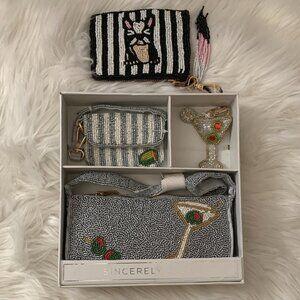 SINCERELY JULES Martini Seed Beaded Clutch, Coin/Card Purse, Charm Set + Bonus
